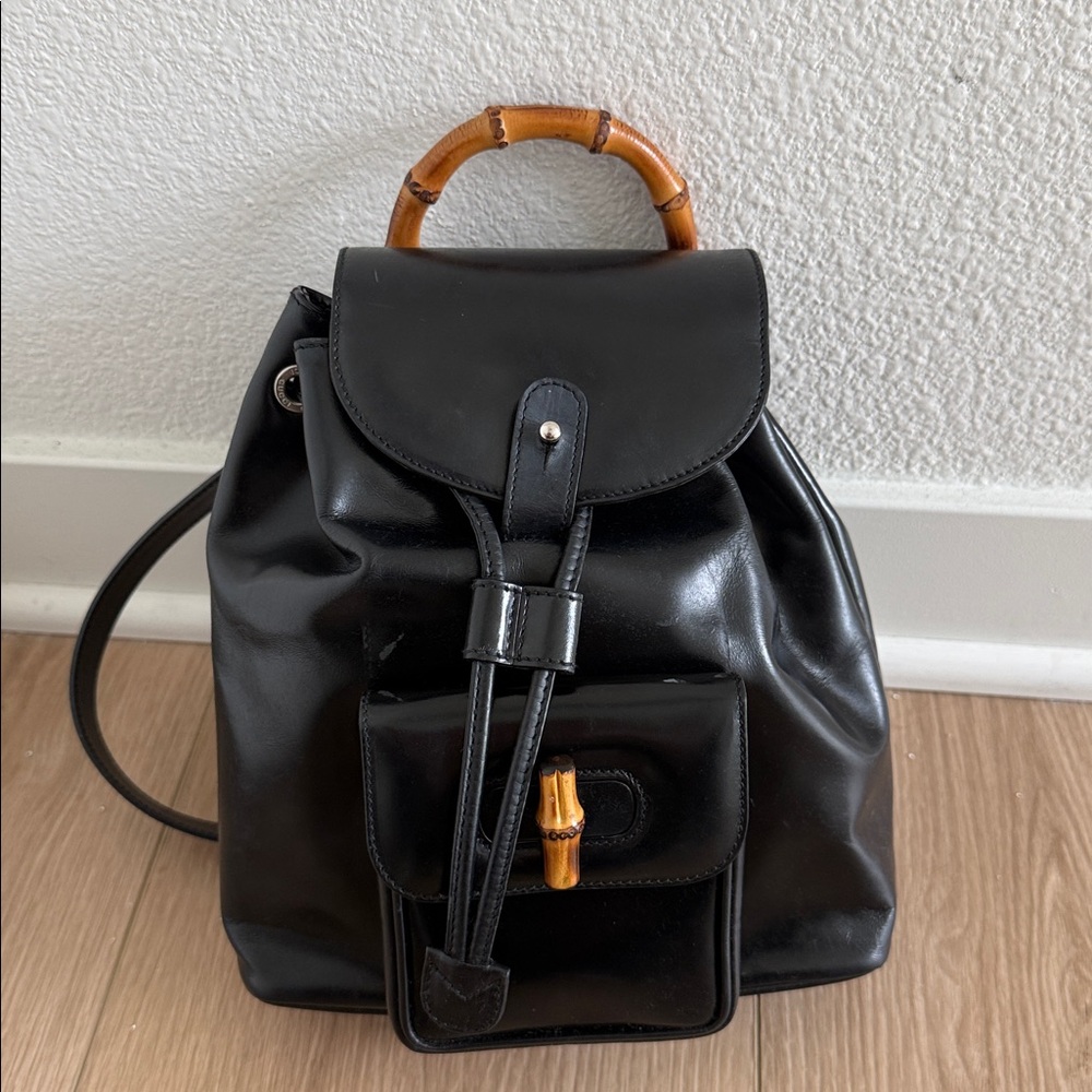 Vintage Gucci Bamboo Black Leather Mini Backpack